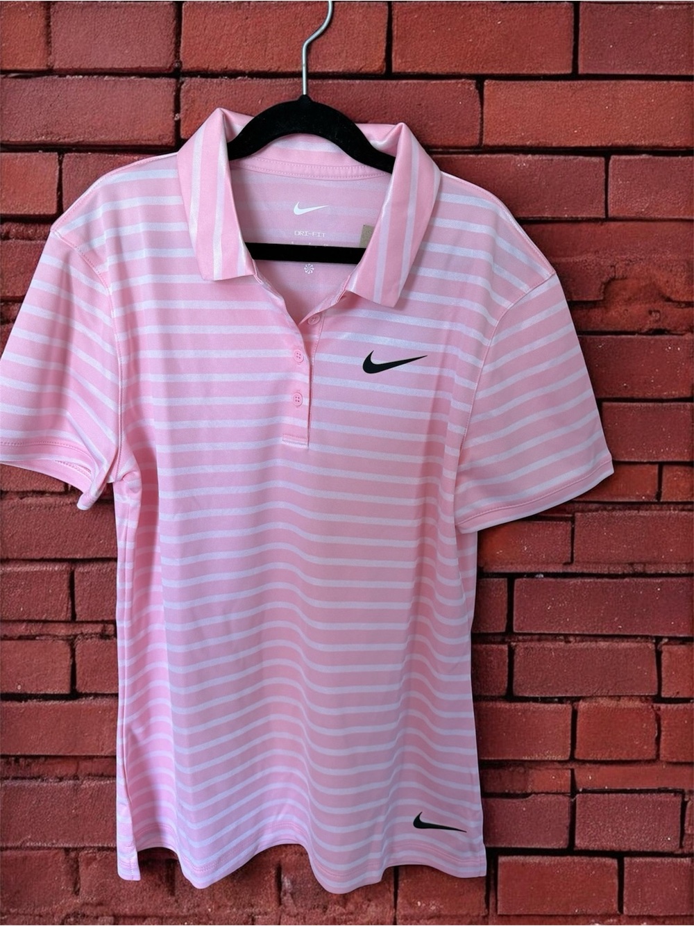 Nike Pink and White Striped Golf Polo